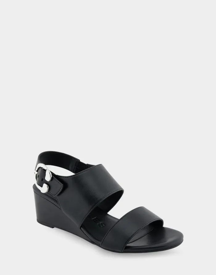 Aerosoles Comfortable Women039s Buckle Back Mid Wedge Sandal In Black Faux Leather Black Faux Leather Women Dress
