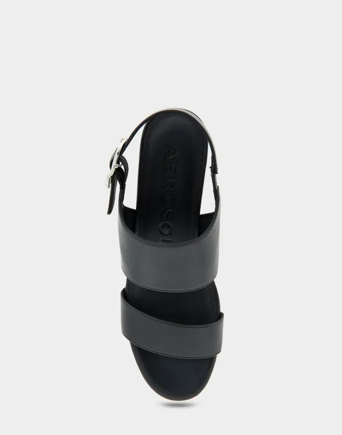 Aerosoles Comfortable Women039s Buckle Back Mid Wedge Sandal In Black Faux Leather Black Faux Leather Women Dress