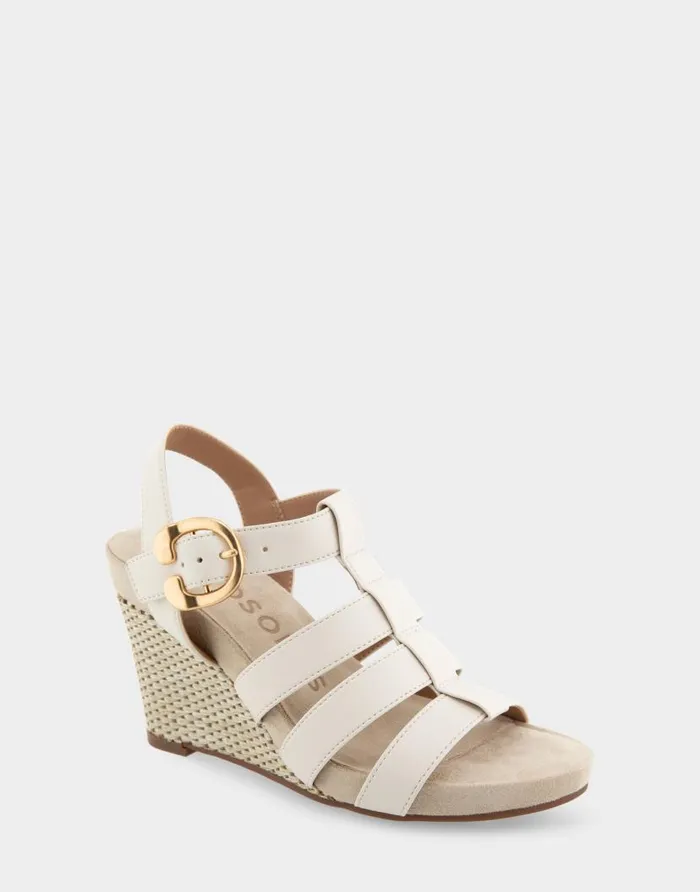 Aerosoles Comfortable Women039s Caged Footbed Wedge Sandal In Eggnog Faux Leather Eggnog Faux Leather Women Wedges