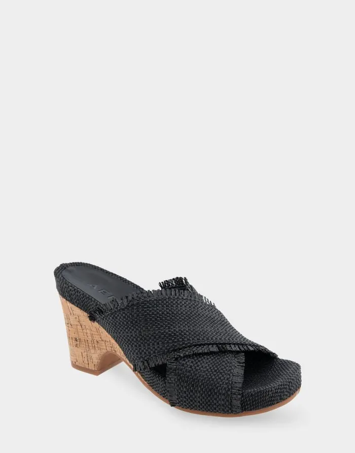 Aerosoles Comfortable Women039s Crisscross Footbed Wedge Sandal In Black Raffia Raffia Fabric Black Raffia Women Wedges