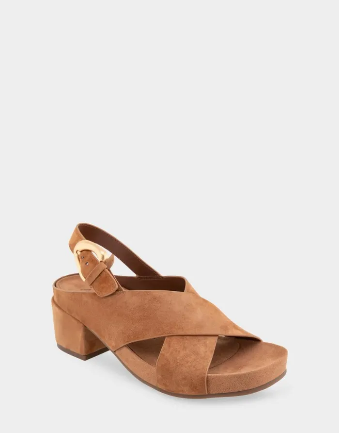 Aerosoles Comfortable Women039s Crisscross Molded Footbed Block Heel Sandal In Tan Suede Tan Suede Women Clogs and Mules
