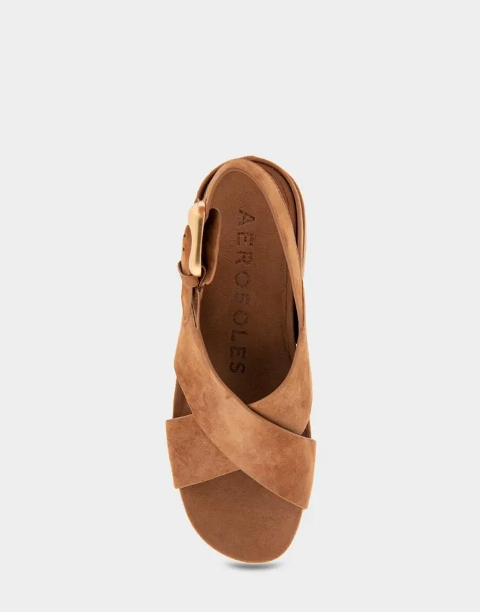 Aerosoles Comfortable Women039s Crisscross Molded Footbed Block Heel Sandal In Tan Suede Tan Suede Women Clogs and Mules