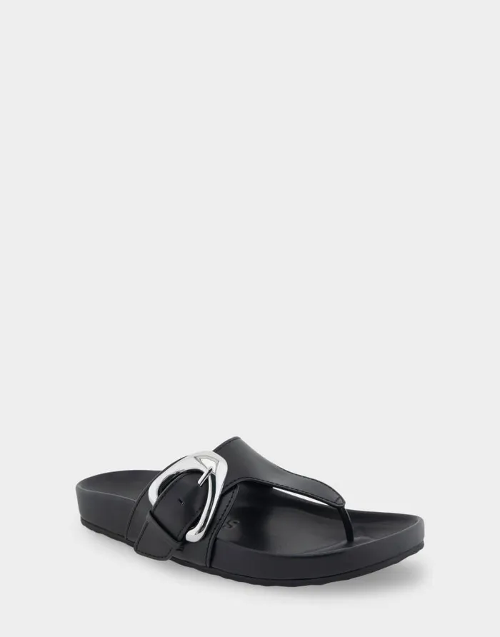 Aerosoles Comfortable Women039s Oversized Buckle Molded Footbed Thong Sandal In Black Leather Black Leather Women Flats