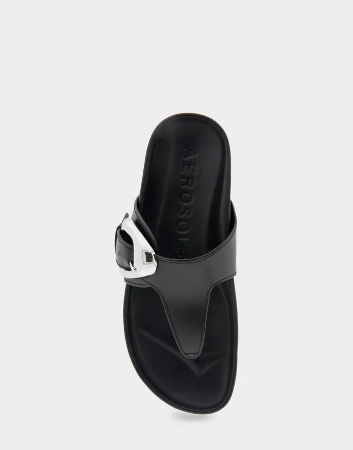 Aerosoles Comfortable Women039s Oversized Buckle Molded Footbed Thong Sandal In Black Leather Black Leather Women Flats