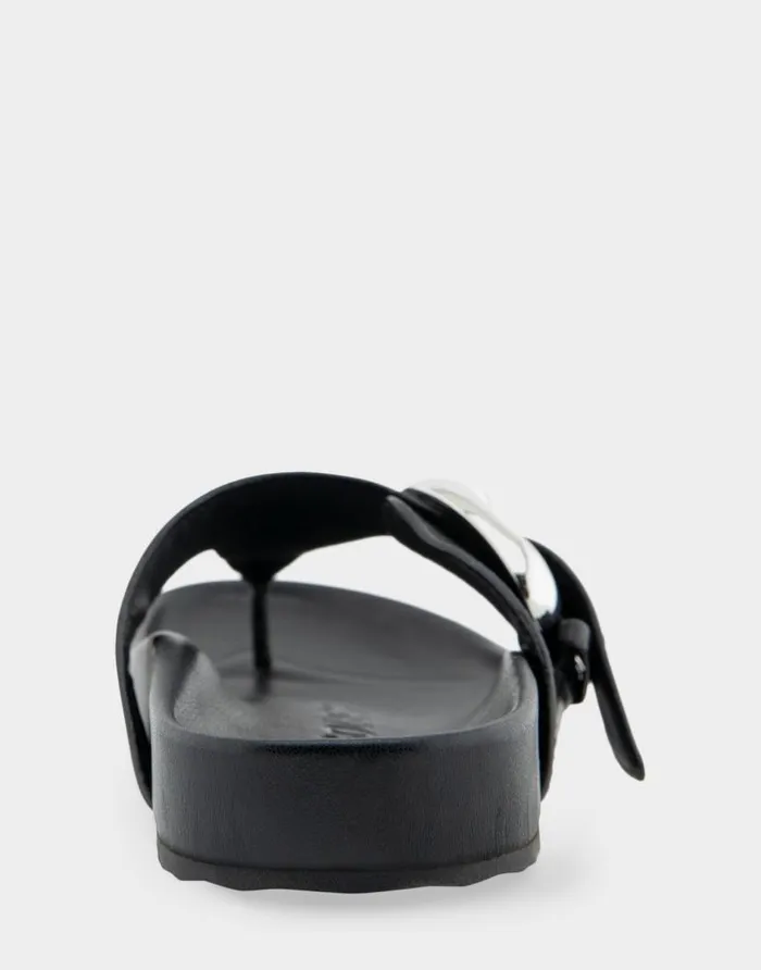 Aerosoles Comfortable Women039s Oversized Buckle Molded Footbed Thong Sandal In Black Leather Black Leather Women Flats