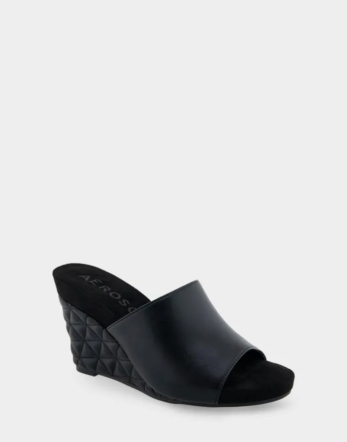 Aerosoles Comfortable Women039s Quilted Heel Footbed Wedge Slide In Black Faux Leather Black Faux Leather Women Wedges