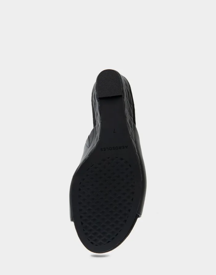 Aerosoles Comfortable Women039s Quilted Heel Footbed Wedge Slide In Black Faux Leather Black Faux Leather Women Wedges