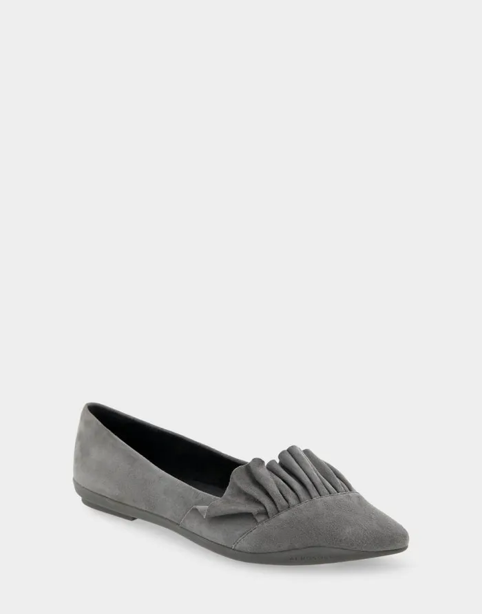 Aerosoles Comfortable Women039s Ruffled Point Toe Flat In Dark Grey Genuine Suede Quiet Shade Genuine Suede Women Dress