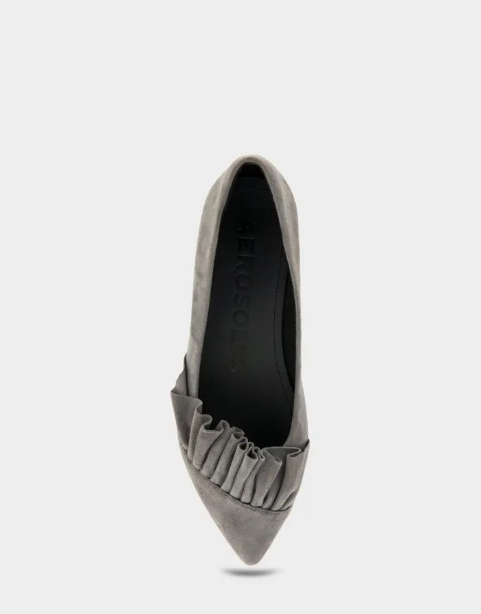 Aerosoles Comfortable Women039s Ruffled Point Toe Flat In Dark Grey Genuine Suede Quiet Shade Genuine Suede Women Dress