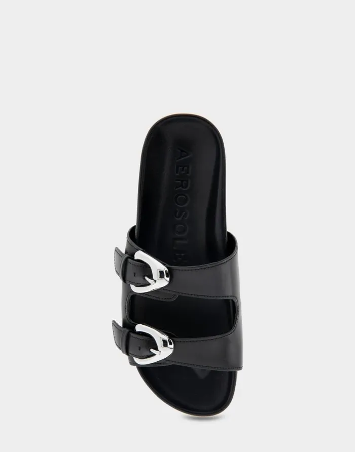 Aerosoles Comfortable Women039s Two Band Molded Footbed Sandal In Black Leather Black Leather Women Clogs and Mules