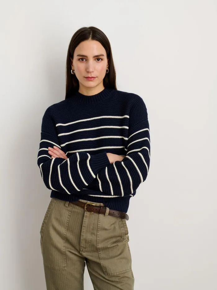 Alex Mill Sweaters Women ButtonBack Crewneck Sweater In Stripe Dark Navyivory
