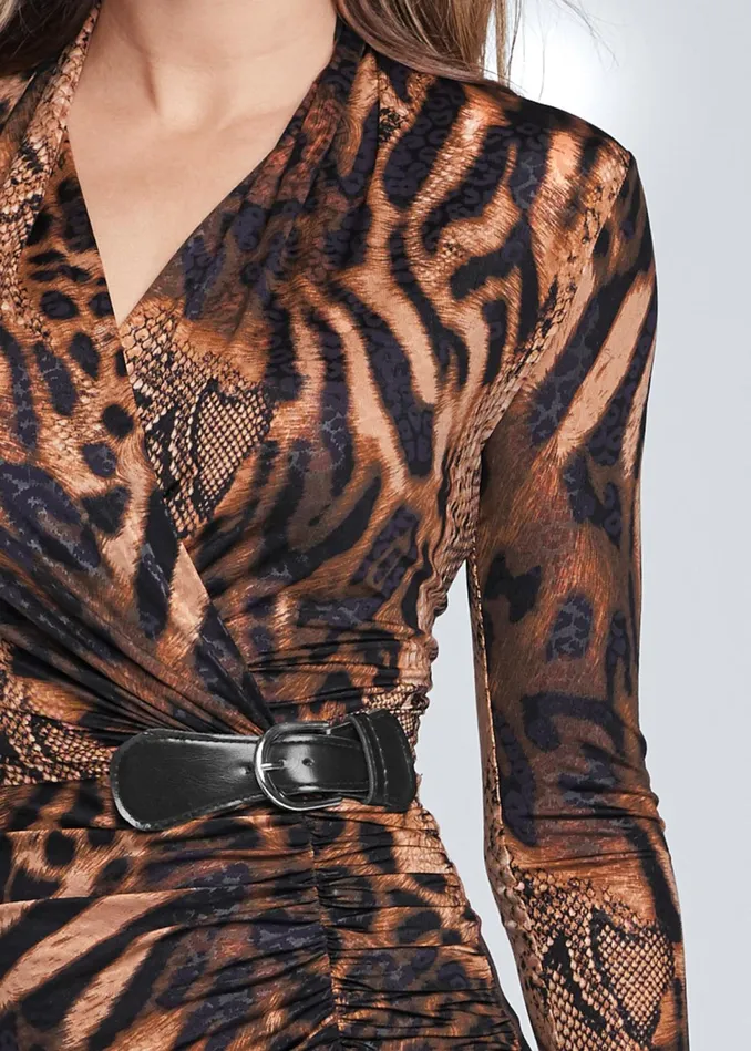 ANIMAL PRINT RUCHED DRESS Brown Multi Women VENUS Short Dresses