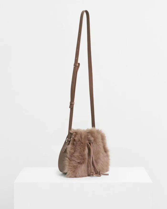 Bags Women Theory Micro Bucket Bag In Shearling Taupe Bags Women Theory Micro Bucket Bag In Shearling Taupe