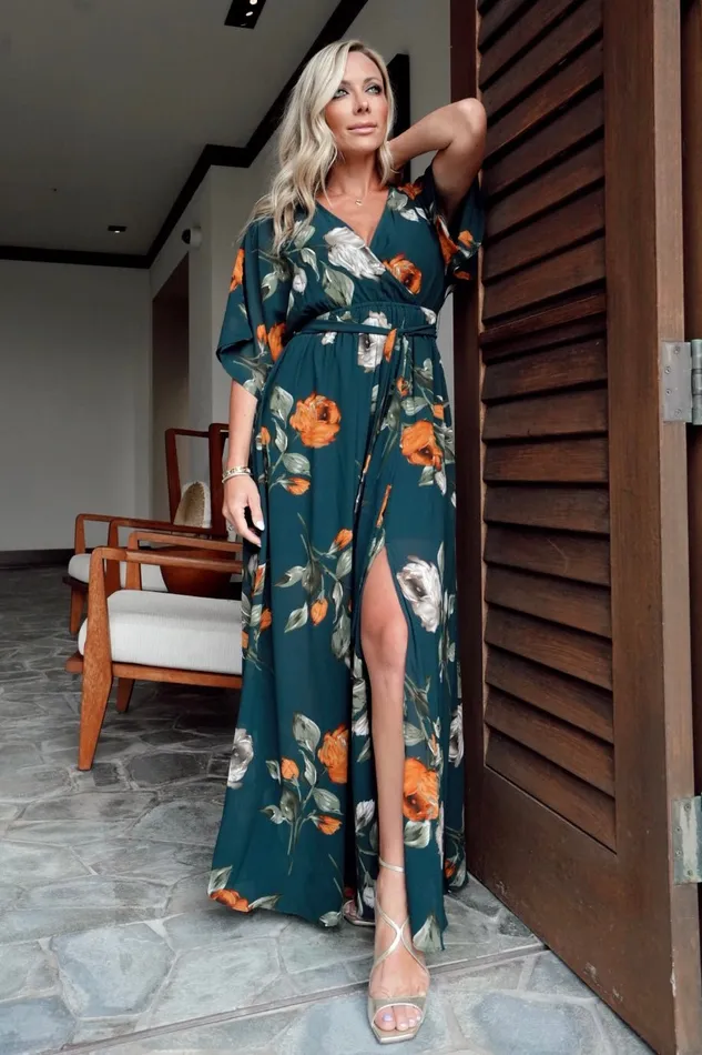 Baltic Born Bump Friendly Women Kia Kimono Maxi Dress Deep Topaz Floral