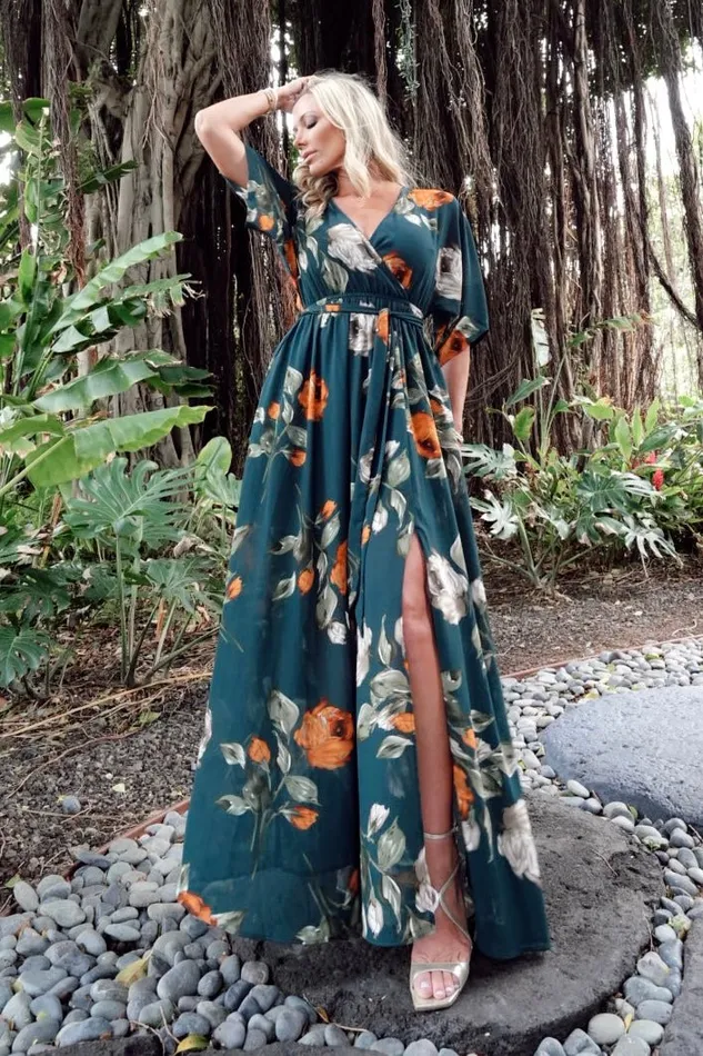 Baltic Born Bump Friendly Women Kia Kimono Maxi Dress Deep Topaz Floral