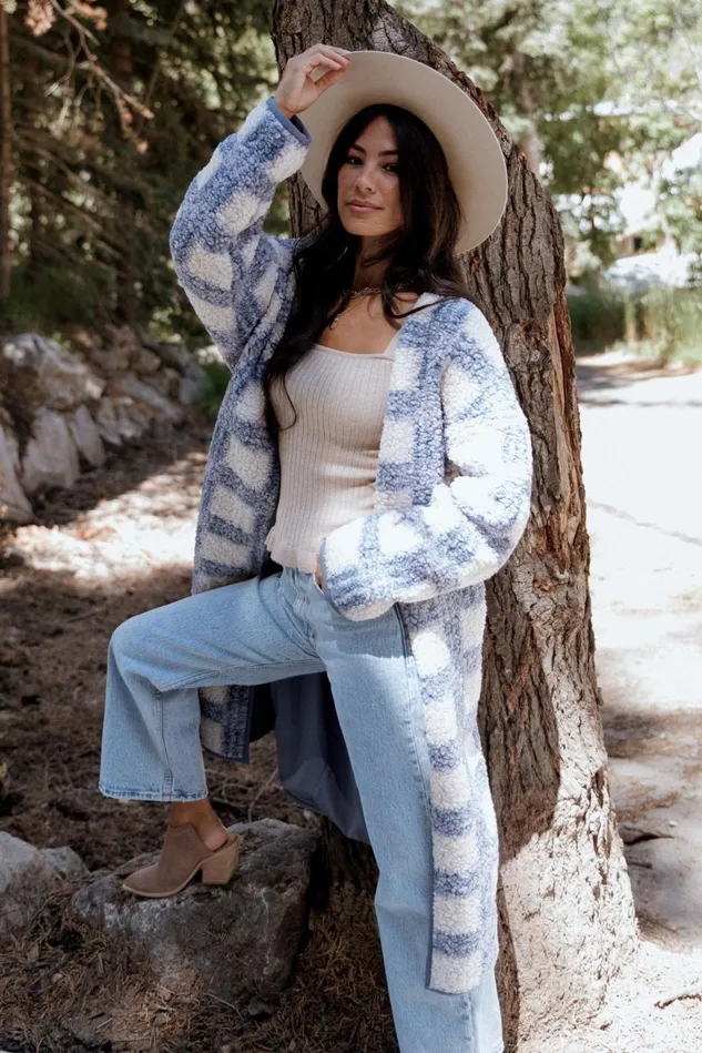 Baltic Born Outerwear Women Breckenridge Sherpa Long Cardigan Blue Plaid