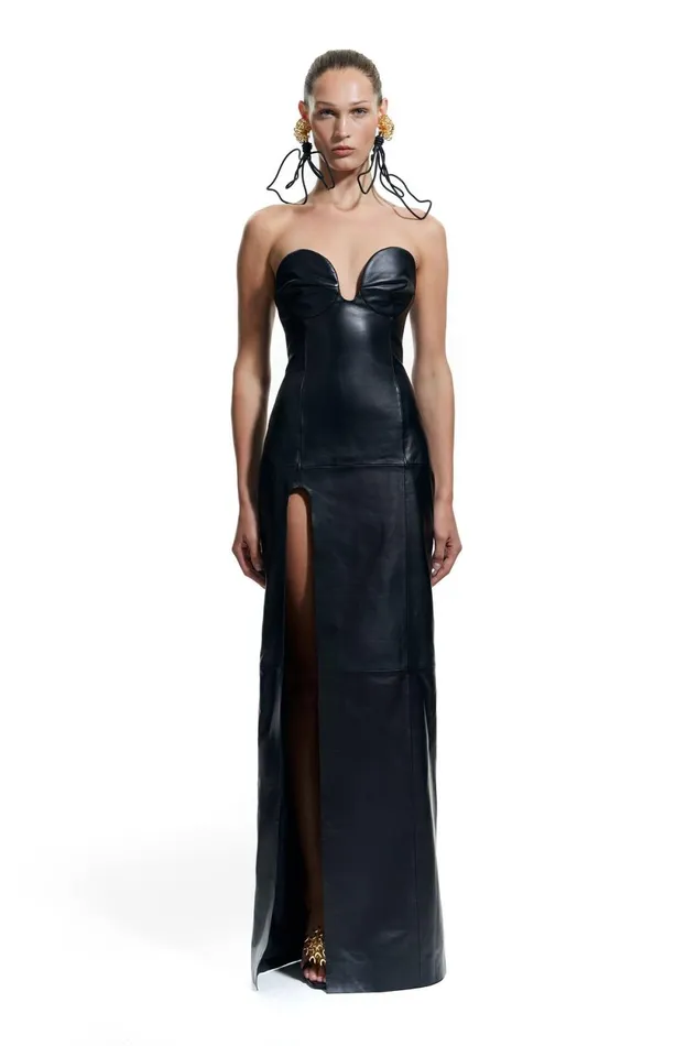 Black Leather Sweetheart Neckline Dress Black Women Bimba Y Lola Bimba Y Palomo