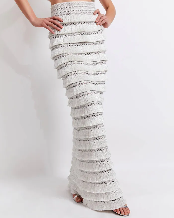 Bottoms Women PatBO Metallic Fringe Maxi Skirt