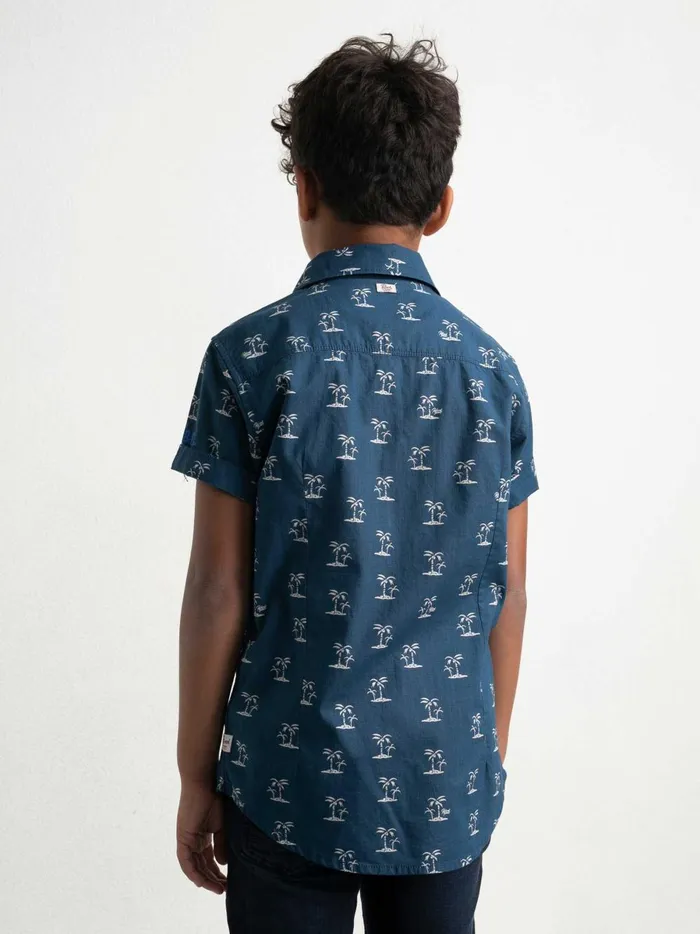 Boys Shirts Petrol Industries ShortSleeved Shirt With Palm Tree Print Petrol Blue