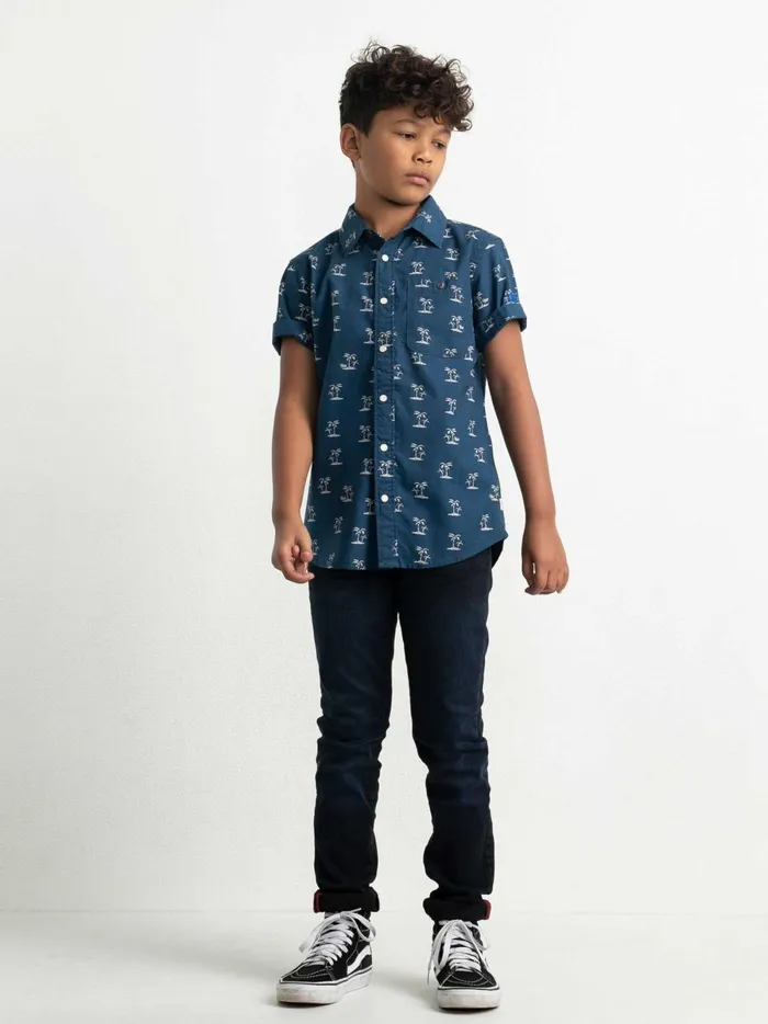 Boys Shirts Petrol Industries ShortSleeved Shirt With Palm Tree Print Petrol Blue