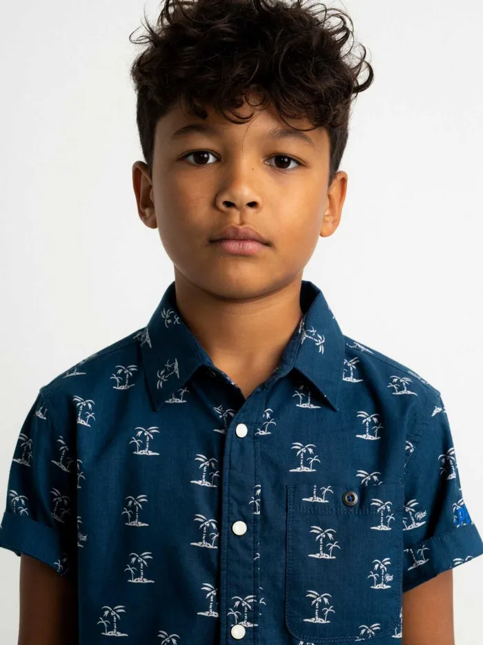 Boys Shirts Petrol Industries ShortSleeved Shirt With Palm Tree Print Petrol Blue