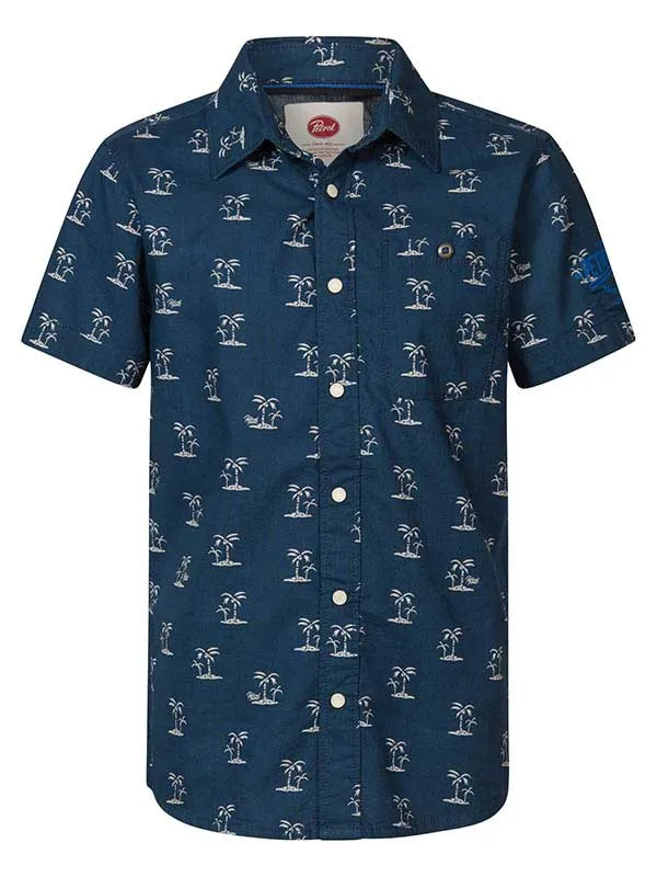 Boys Shirts Petrol Industries ShortSleeved Shirt With Palm Tree Print Petrol Blue