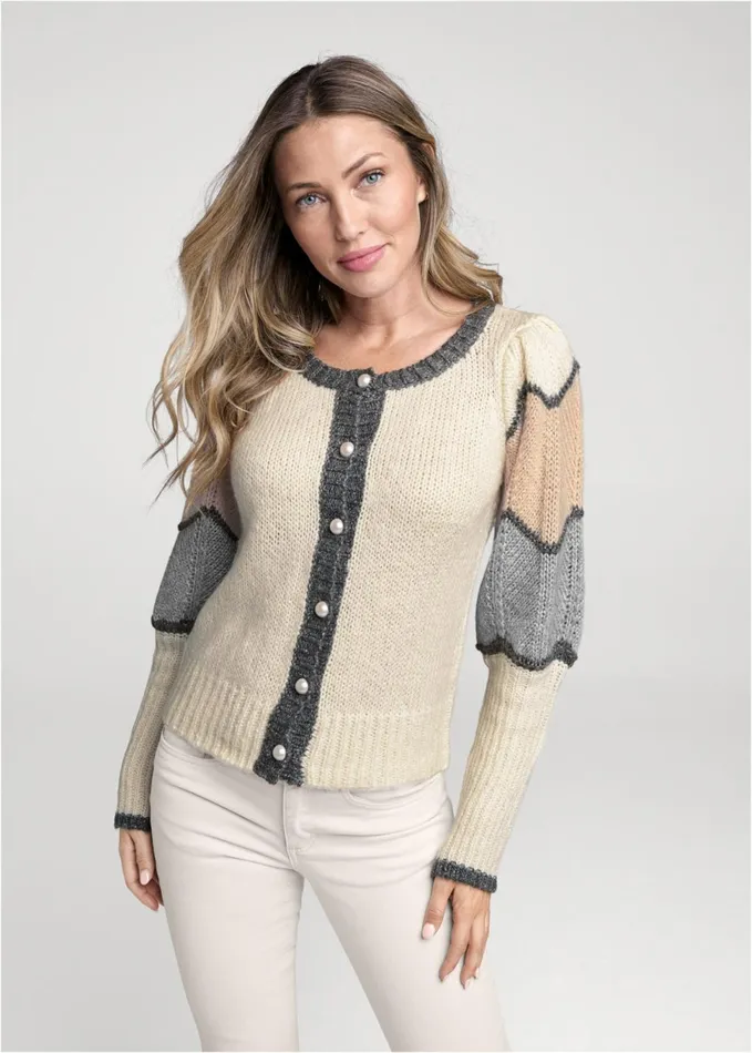 Color Block Puff Sleeve Cardigan Grey Multi Women VENUS Cardigans and Dusters