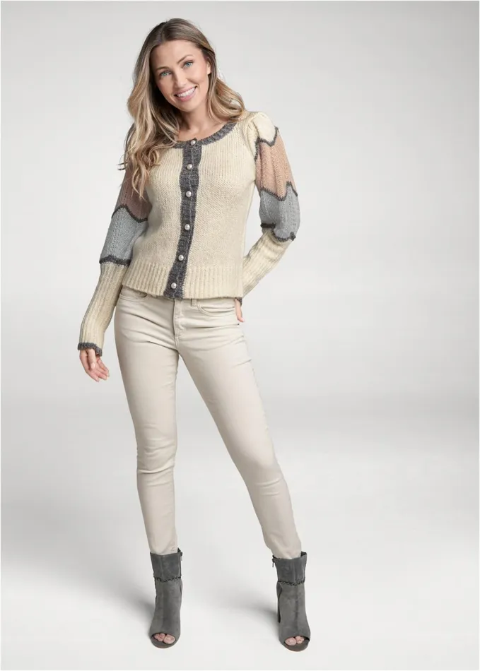 Color Block Puff Sleeve Cardigan Grey Multi Women VENUS Cardigans and Dusters
