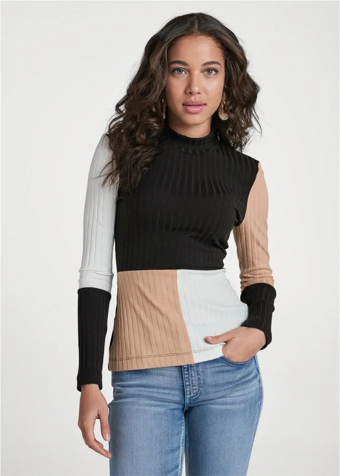 COLOR BLOCK RIBBED TOP Black Multi Women VENUS Casual Tops