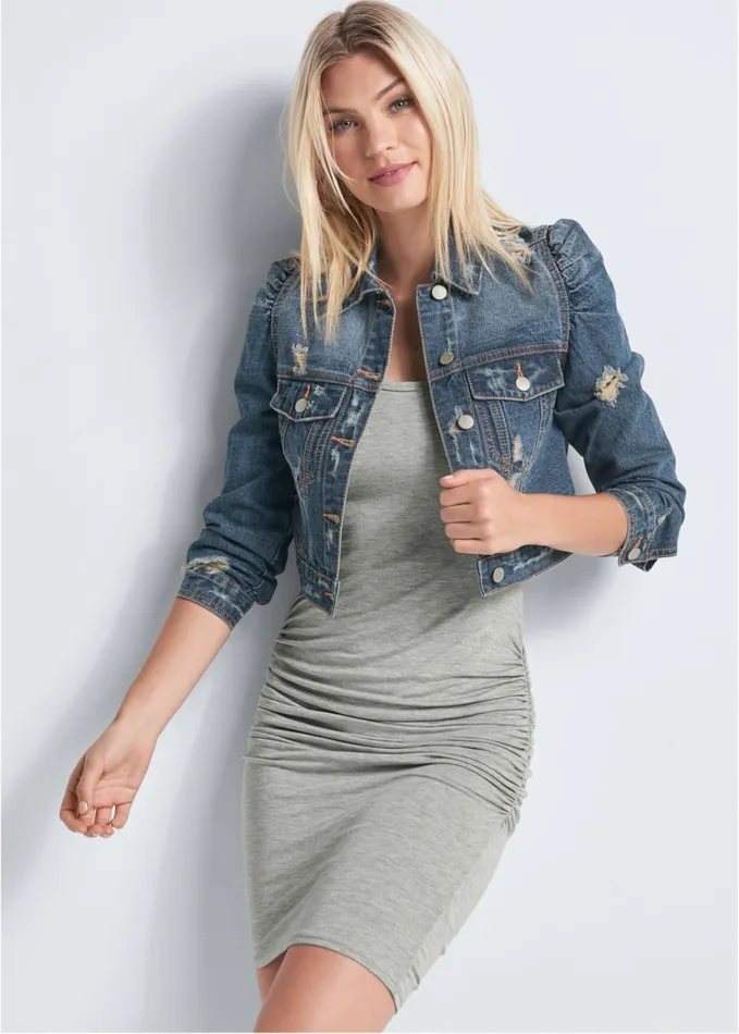 CROPPED PUFF SLEEVE DENIM JACKET Medium Wash Women VENUS Denim