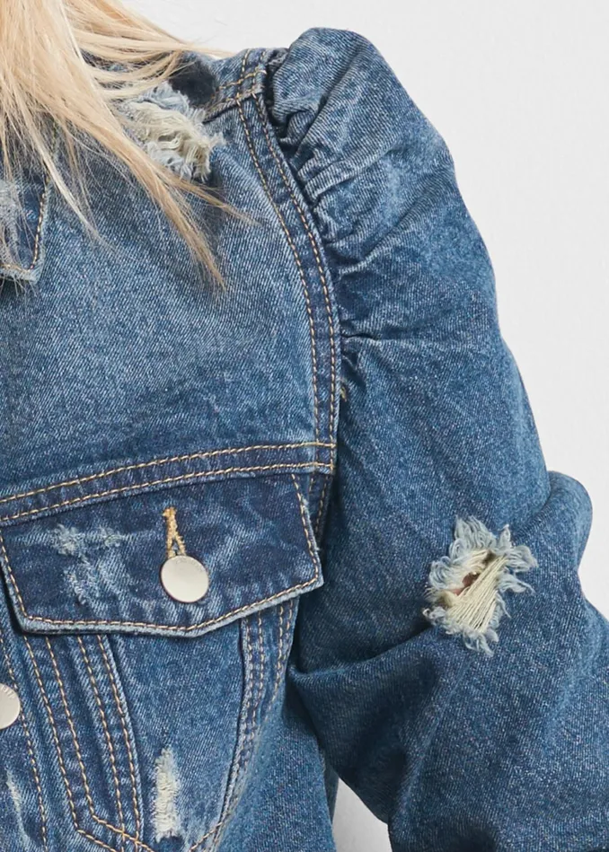 CROPPED PUFF SLEEVE DENIM JACKET Medium Wash Women VENUS Denim