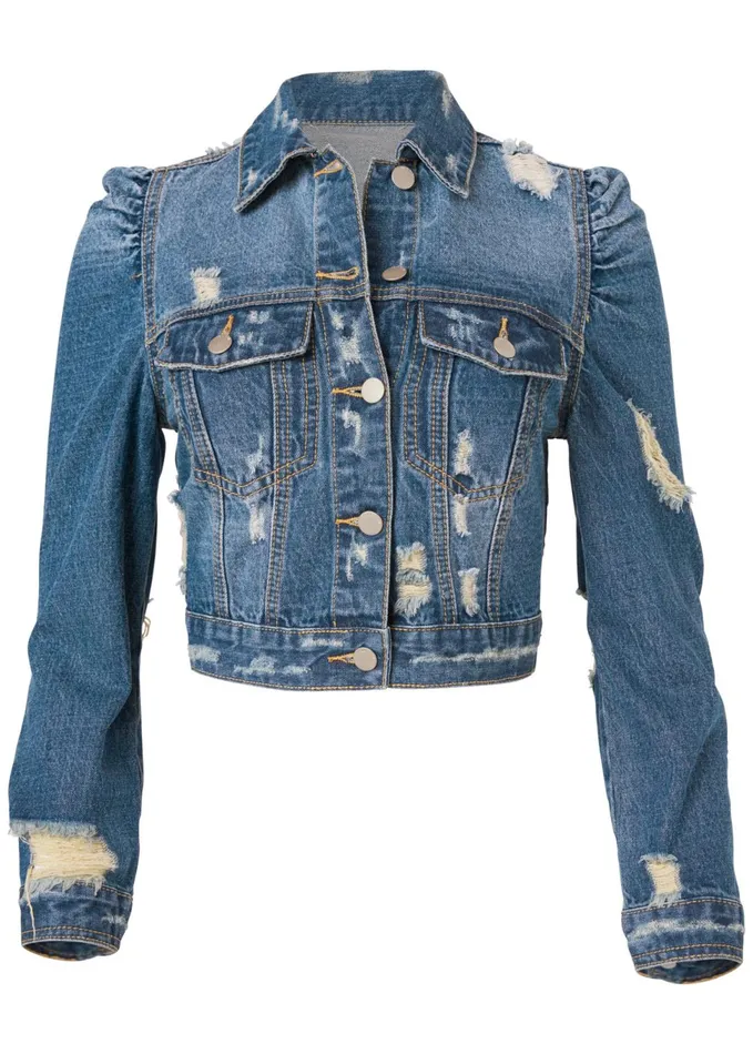 CROPPED PUFF SLEEVE DENIM JACKET Medium Wash Women VENUS Denim