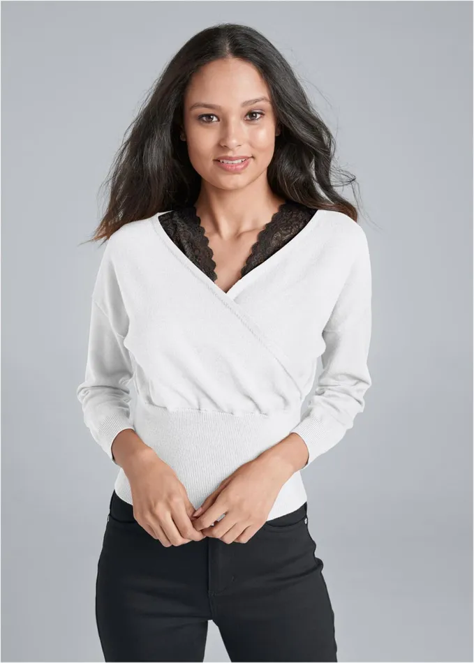 CROSS FRONT LACE SWEATER White and Black Women VENUS Sexy Sweaters