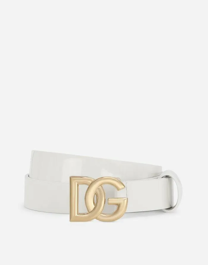Dolce and Gabbana Accessories Children Patent Leather Belt With DG Logo White