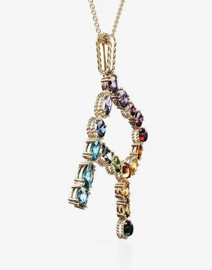 Dolce and Gabbana Alphabet Collection Women Rainbow Alphabet R Pendant In Yellow Gold With Multicolor Fine Gems Gold Dolce and Gabbana Alphabet Collection Women Rainbow Alphabet R Pendant In Yellow Gold With Multicolor Fine Gems Gold