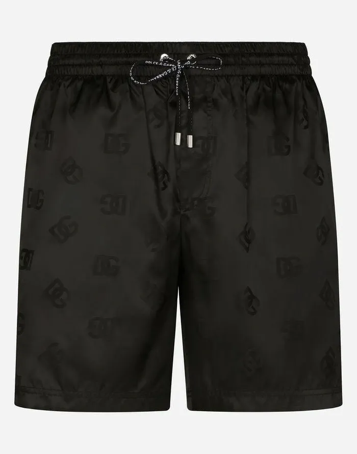 Dolce and Gabbana Beachwear Men Midlength Jacquard Swim Trunks With DG Monogram Black