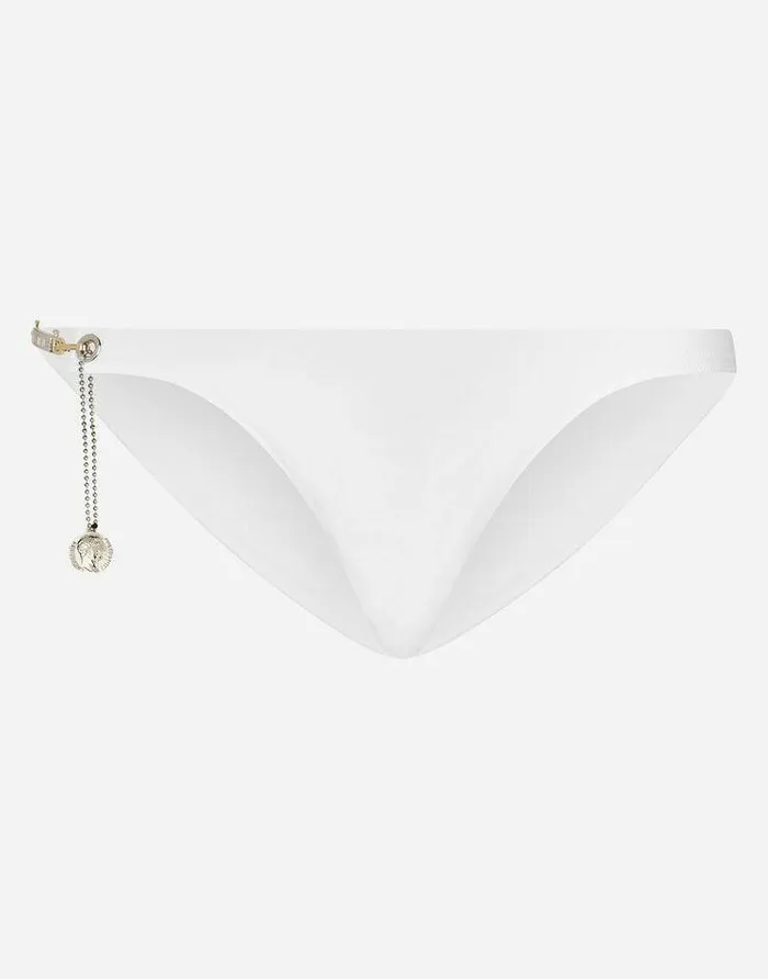 Dolce and Gabbana Beachwear Men Swim Briefs With Logo Plate And Coin Charm White Dolce and Gabbana Beachwear Men Swim Briefs With Logo Plate And Coin Charm White