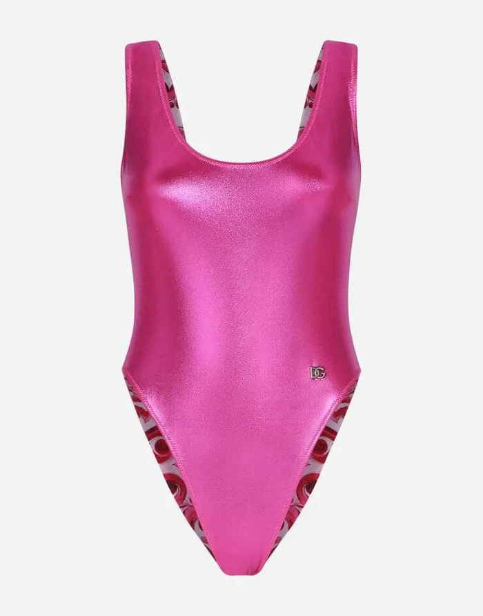 Dolce and Gabbana Beachwear Women Laminated Racing Swimsuit Pink