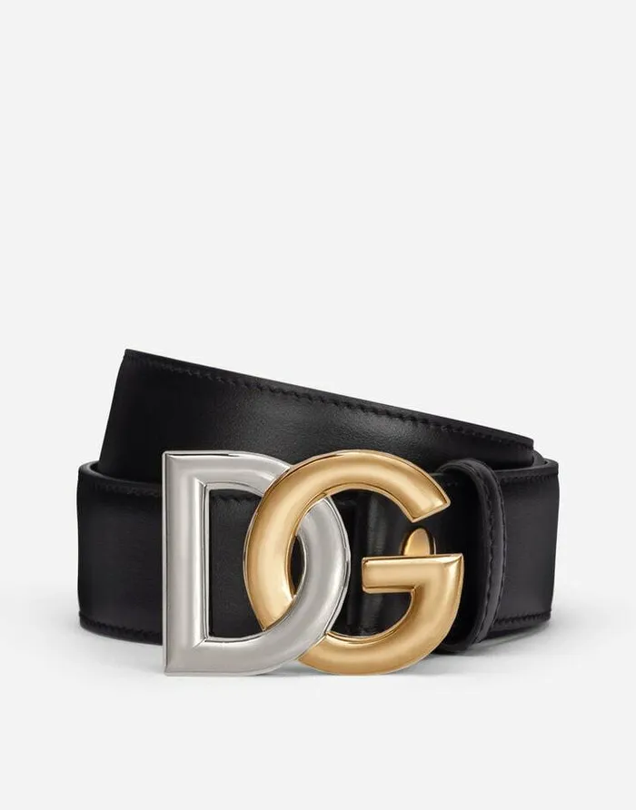 Dolce and Gabbana Belts Men Calfskin Belt With Doubleplated DG Logo Black