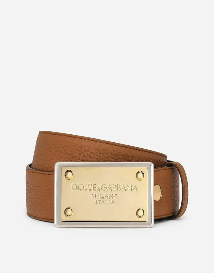 Dolce and Gabbana Belts Men Grainy Calfskin Belt Beige
