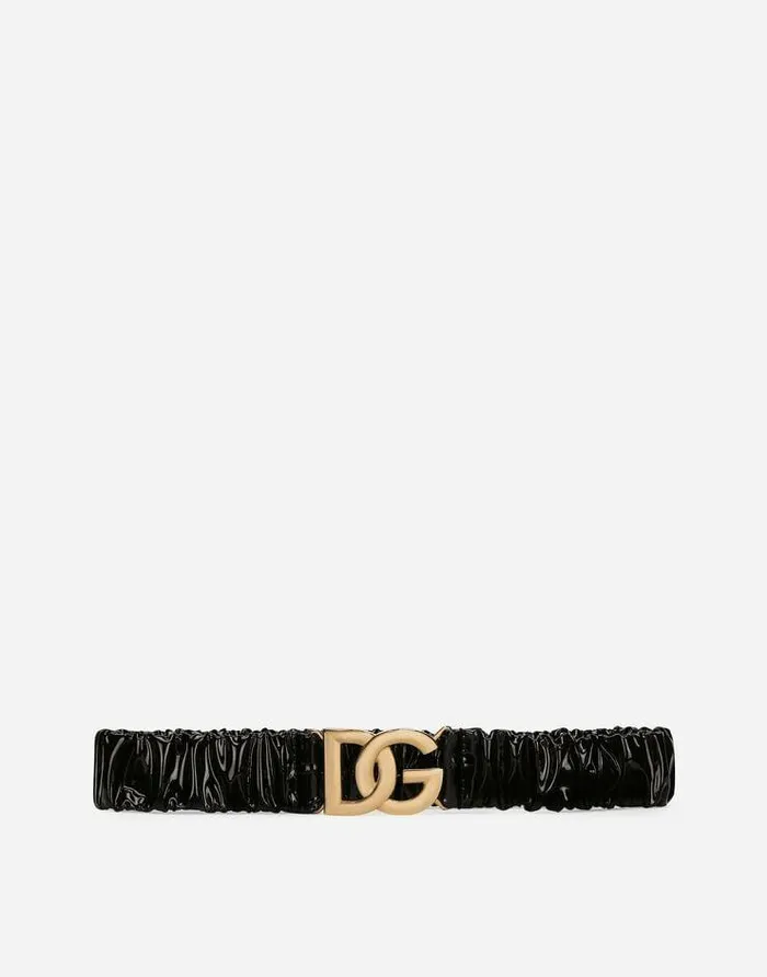 Dolce and Gabbana Belts Women Elasticated And Gathered Patent Leather Belt With DG Logo Black Dolce and Gabbana Belts Women Elasticated And Gathered Patent Leather Belt With DG Logo Black