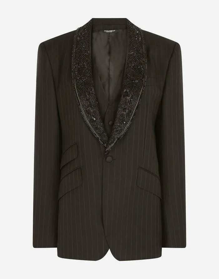 Dolce and Gabbana Blazers Women Singlebreasted Pinstripe Jacket With Embroidery Multicolor