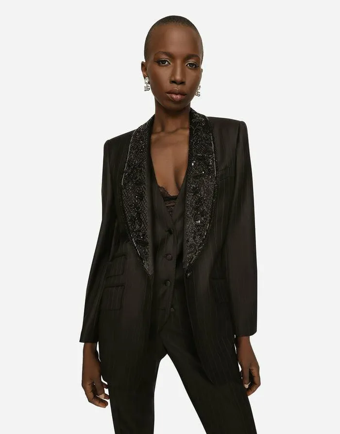 Dolce and Gabbana Blazers Women Singlebreasted Pinstripe Jacket With Embroidery Multicolor Dolce and Gabbana Blazers Women Singlebreasted Pinstripe Jacket With Embroidery Multicolor