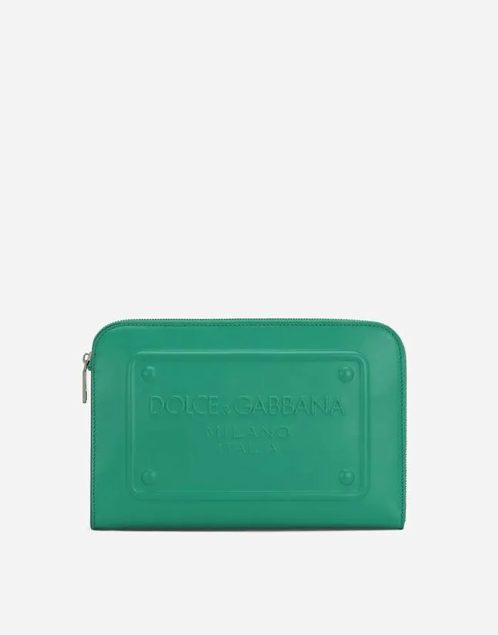 Dolce and Gabbana Briefcase And Clutches Men Small Calfskin Pouch With Raised Logo Green Dolce and Gabbana Briefcase And Clutches Men Small Calfskin Pouch With Raised Logo Green
