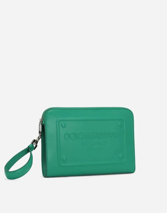 Dolce and Gabbana Briefcase And Clutches Men Small Calfskin Pouch With Raised Logo Green Dolce and Gabbana Briefcase And Clutches Men Small Calfskin Pouch With Raised Logo Green