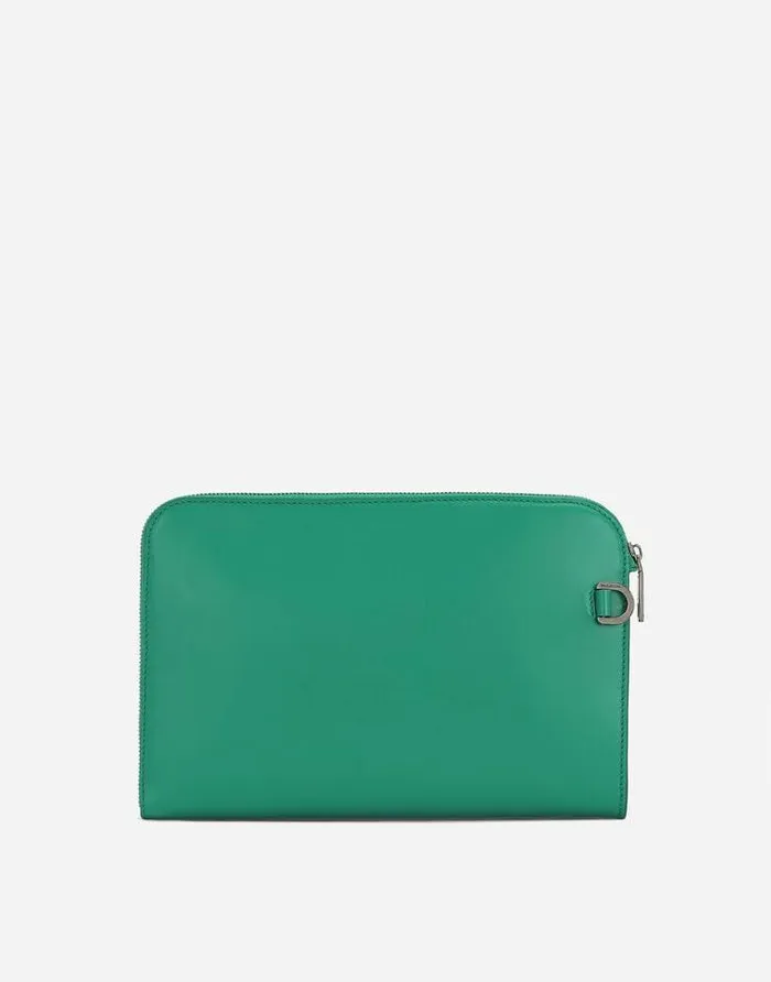 Dolce and Gabbana Briefcase And Clutches Men Small Calfskin Pouch With Raised Logo Green Dolce and Gabbana Briefcase And Clutches Men Small Calfskin Pouch With Raised Logo Green