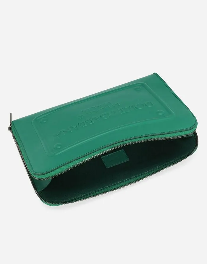 Dolce and Gabbana Briefcase And Clutches Men Small Calfskin Pouch With Raised Logo Green Dolce and Gabbana Briefcase And Clutches Men Small Calfskin Pouch With Raised Logo Green
