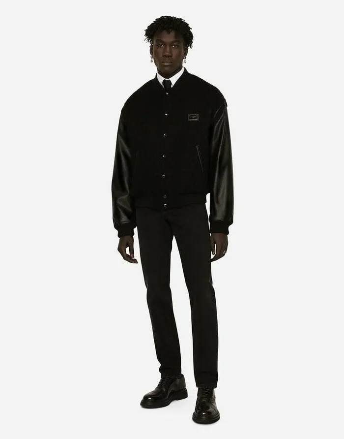 Dolce and Gabbana Coats And Jackets Men Wool Boucl And Faux Leather Jacket Black Dolce and Gabbana Coats And Jackets Men Wool Boucl And Faux Leather Jacket Black