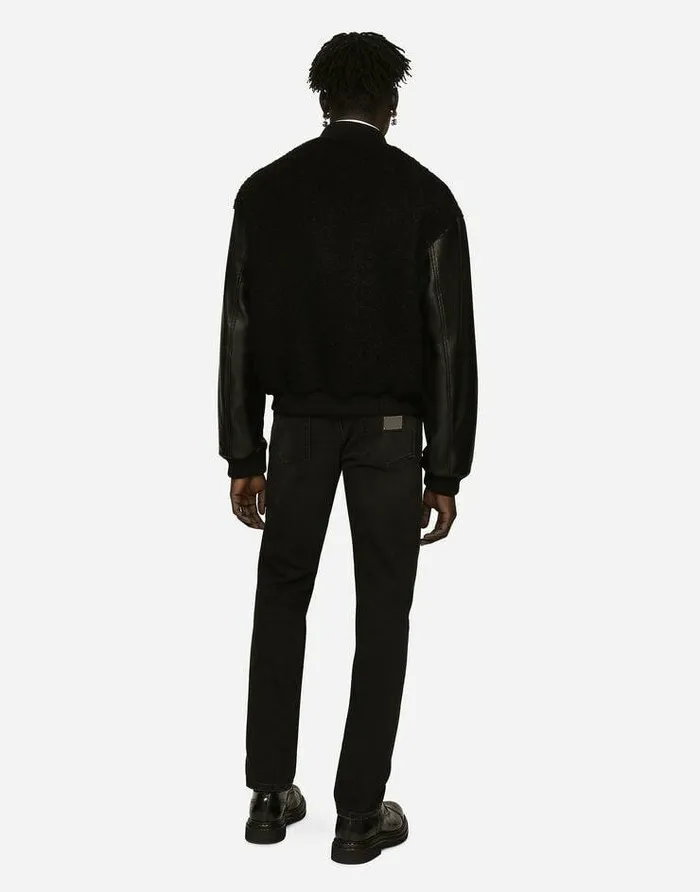 Dolce and Gabbana Coats And Jackets Men Wool Boucl And Faux Leather Jacket Black Dolce and Gabbana Coats And Jackets Men Wool Boucl And Faux Leather Jacket Black