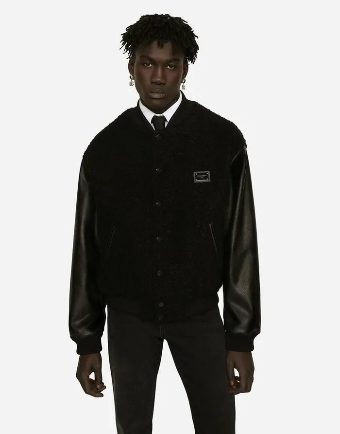 Dolce and Gabbana Coats And Jackets Men Wool Boucl And Faux Leather Jacket Black Dolce and Gabbana Coats And Jackets Men Wool Boucl And Faux Leather Jacket Black